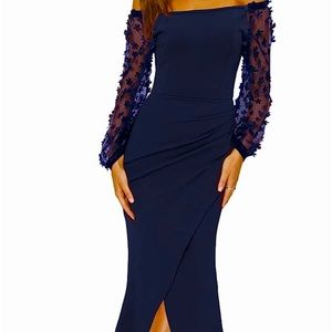 Wedding dress / cocktail party with blue gloves and pillbox hat to match .